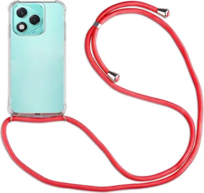 A clear product shot of a phone case with a red lanyard attached.