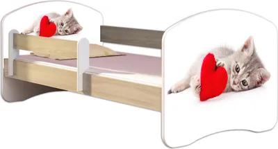 Image de ACMA lit d'adolescent lit d'enfant lit junior set complet avec matelas sommier à lattes et protection contre les chutes Sonoma 40 chat avec cœur 140x70