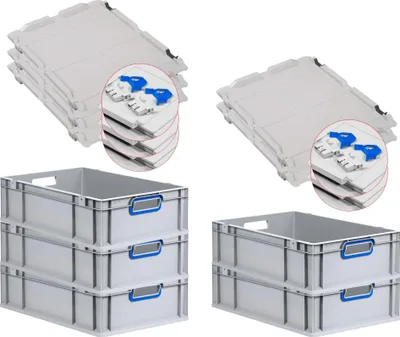 Produktbild von SuperSparSet 5x Eurobox NextGen Color mit Scharnierdeckel und Schiebeschnappverschlüssen | HxBxT 17x40x60cm | 34 Liter | Grau | Griffe blau offen | Glatter Boden | Eurobehälter, Transportbox, Transportbehälter, Stapelbehälter