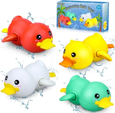 Produktbild von OD19 Aufzieh-Enten Badewannenspielzeug für Babys & Kinder (1-3 Jahre), 4er Set für Badewanne, Pool & Schwimmbad, Mädchen & Jungen, aus hochwertigem, ungiftigem ABS-Kunststoff in Weiß, Pink, Gelb, Grün. Mit glatten Kanten, ohne Kleinteile. Fördert Handmuskulatur, Griffigkeit & Farberkennung.