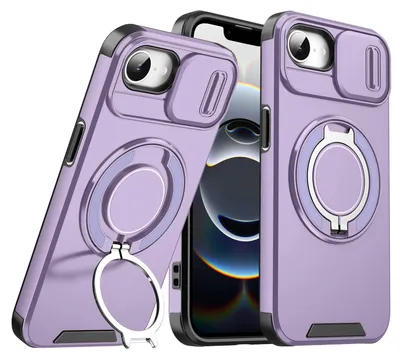 Immagine prodotto di Custodia a doppio strato per iPhone 16e/iPhone 17e, con copertura scorrevole per la fotocamera e supporto magnetico ad anello Viola