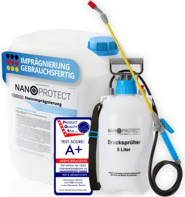 Produktbild von Nanoprotect Steinimprägnierung 10 L inkl. Drucksprüher | Vorbeugend gegen Grünbelag und Schmutz | Ideal für Pflastersteine, Beton und Naturstein | 10 L für ca. 80 – 120 m²
