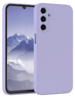A close-up, angled view of a smartphone with a purple case, showing the camera module and part of the screen.