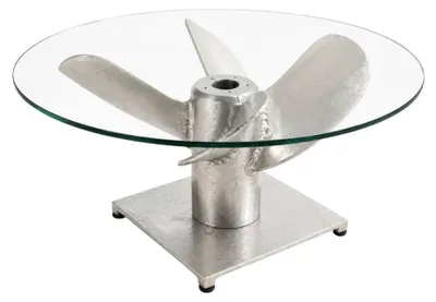 Produktbild von Runder Couchtisch ALUMIA 70 cm aus silbernem Aluminium und gehärtetem Glas – Industriedesign mit Propellerfuß