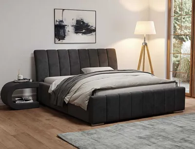 Zdjęcie produktu dla Łóżko tapicerowane AGMAT PANAMA z wezgłowiem, 200 x 200 cm, łóżko podwójne z podstawą łóżka i metalową ramą z listew, tkanina welurowa: czarny