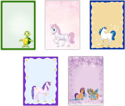 Produktbild von 5 x 5 Blatt im Set Briefpapier Mix DIN A4 Turtle Pony Einhorn Pegasus Pferd (Kinder-5227)