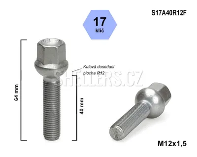 Obrázok produktu pre Skrutka kolesa M12x1,5x40 guľová skrutka R12, kľúč 17, S17A40R12F, výška 64 mm