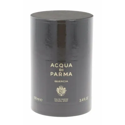 A cylindrical black bottle of Acqua di Parma Quercia Eau de Parfum against a white background.