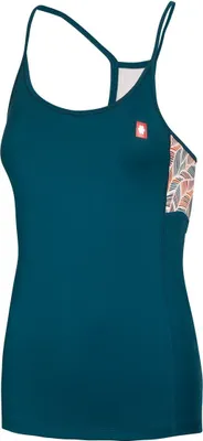 Dunkelblaues Top "Arista Top" von Ocun mit dünnen Trägern und floralem Muster an der Seite.