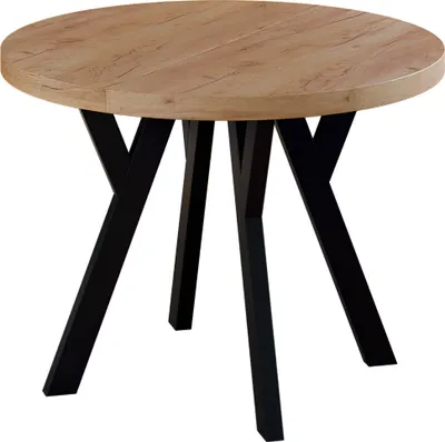 A round wooden table with black legs on a white background.