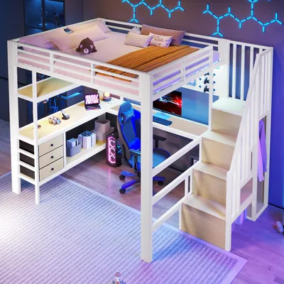 Image de Lit mezzanine 140 x 200 cm en métal avec bureau et éclairage LED, sommier avec espace de rangement et prise électrique, blanc, supportant jusqu'à 150 kg, sans matelas
