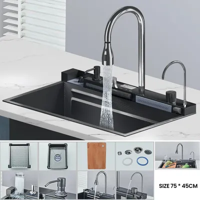 Obrázek produktu pro Dřez do kuchyně – Multifunkční dřez s efektem vodopádu – Inteligentní – Integrovaný digitální displej – Velký jednodílný dřez – PVC – Černá barva