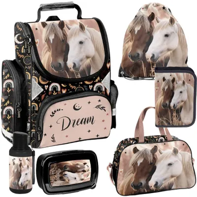 Immagine prodotto di Set da 6 pezzi di zaini per scuola per bambine e bambini PFERDE HORSE – Zaino Paso, astuccio, borsa, borraccia, borsa per la colazione