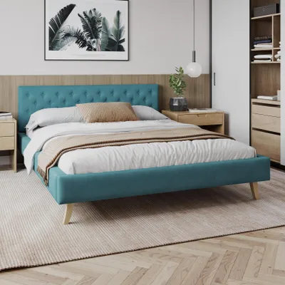 Produktbild von FDM Bett ZUZA 120x200 cm Polsterbett mit Lattenrost aus Holz Samt Trinity türkis