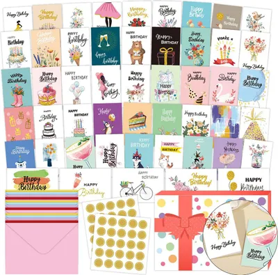 Produktbild von 100er Set Geburtstagskarten mit Umschlägen, 50 kreative Designs, leere Grußkarten 5,5 x 7,8 Zoll, ideal für Kinder, Erwachsene, Kollegen und Freunde