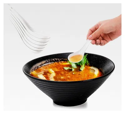 Produktbild von 6 Stück Suppenlöffel aus Keramik, Löffelset aus Porzellan, Servierlöffel für Reisgerichte, Ramen, Vorspeisen und Desserts, Weiß