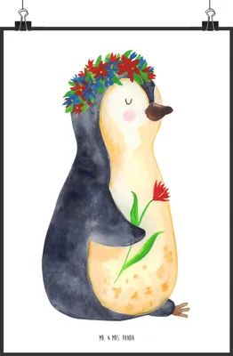 Produktbild von Mr. & Mrs. Panda Bild Pinguin Blumen DIN A1 - Weiß - Geschenk, Universum, drucke, wanddeko, Liebeskummer, Wandbild, Wunderschön, Plakat, Blumenliebe, Geschenkidee