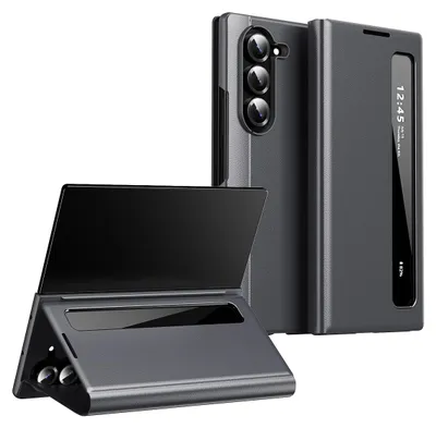 Obrázek produktu pro PU kožené pouzdro pro Samsung Galaxy Z Fold 5, chytré flipové pouzdro se Smart Side Window Šedá