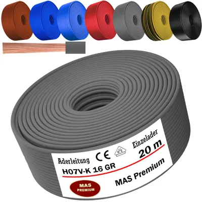 Image de Câble d'alimentation de 20 mètres, type H07 V-K, couleur grise, 1 x 16 mm², monoconducteur, flexible