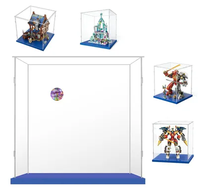 Imagen del producto de Vitrina expositora de acrílico de 35x25x35 cm con base azul, ideal para maquetas