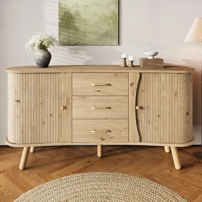 Immagine prodotto di Credenza Merax con ante scorrevoli e cassetti, cassettiera con effetto rigato, mobile scandinavo con ripiani, soggiorno e ingresso, naturale