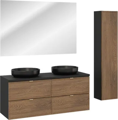Image de Ensemble SAVIA : meubles sous vasque 120cm + 2 vasques noires rondes à poser + miroir LED + colonne de rangement