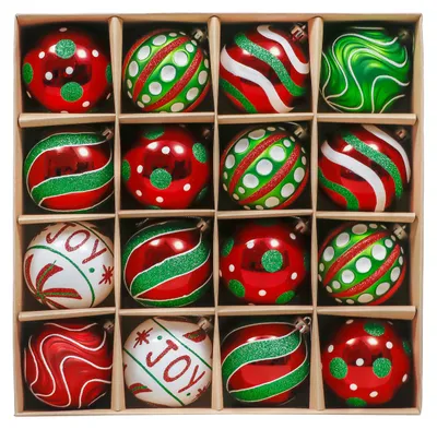 Weihnachtskugeln 8 cm, 16-teilig, Elfen-Thema rot grün weiß