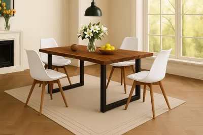 Produktbild von Essgruppe Baumkante massiv 120 x 80 cm Akazie nussbaumfarben U-Gestell schwarz & 4 Stühle weiß QUINN