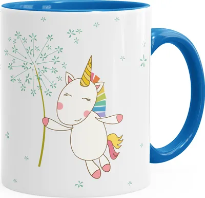 Produktbild von Tasse Einhorn mit Pusteblume Kaffeetasse Teetasse mit Innenfarbe MoonWorks® blau unisize