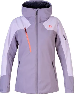 A studio shot of a purple and white women's ski jacket.