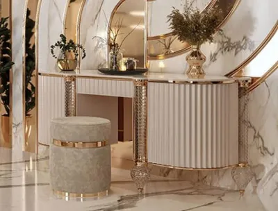 Produktbild von Casa Padrino Luxus Art Deco Schminkkommode Creme / Weiß / Gold 188 x 60 x H. 89 cm - Schminktisch mit Kunstmarmor Platte - Art Deco Schlafzimmer Möbel - Luxus Schlafzimmer Möbel