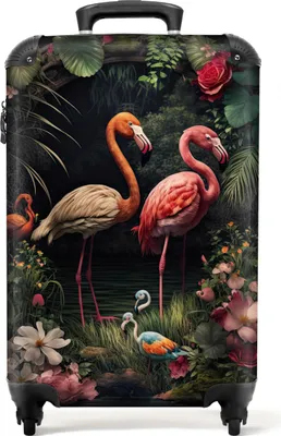 Produktbild von NoBoringSuitcases.com® Koffer Handgepäck Trolley Rollkoffer Kleine Reisekoffer mit 4 Rollen - Flamingo - Blumen - Pflanzen - Dschungel - Rosa - Cabin Size < 55x40x23 cm & 55x40x20 cm - Fotokoffer - Kabinenkoffer - BoardgepäckHandgepäck Koffer 55x35x20 cm, 36L,