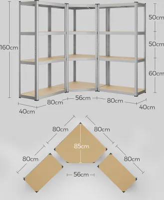 Produktbild von SONGMICS Eckregal-Set 4 Ebenen, Schwerlastregal, Metall, Lagerregal für Garage, Abstellraum, Kellerregal, bis 1500 kg belastbar, silbern-naturbeige