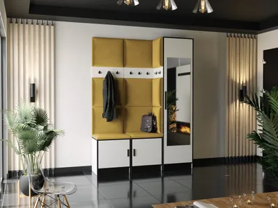 Image de KIER FURNITURE Portemanteau avec assise Roj20 - 159,6 x 205 x 39 cm Blanc + tissu jaune