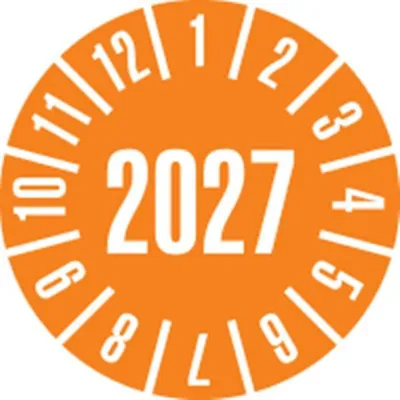 Produktbild von Dreifke® Prüfplakette 2027, orange, Schachbrettfolie, selbstklebend, Ø 30mm, ...