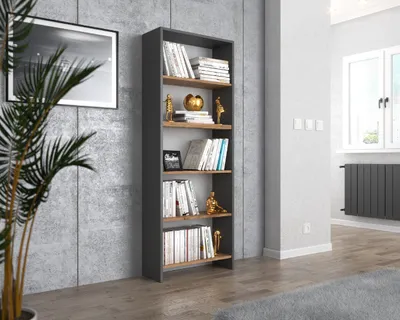 Produktbild von MRBLS Bücherregal GRAU EICHE WOTAN 60x189x30 cm Standregal mit 5 Fächern für Bücher, Deko & Ordner Modernes Holzregal für Wohnzimmer Büro Schlafzimmer