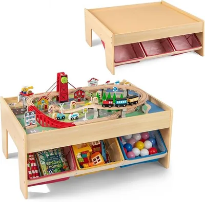 Produktbild von Holzeisenbahn Set mit Tisch, 94-teiliges Eisenbahn-Set mit 2 wendbaren Tischplatten, 3 Stoffschubladen, 2 in 1 Spieltisch mit Zubehör aus Holz, Aktivitätstisch für Kinder ab 3 Jahren