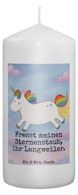 Produktbild von Mr. & Mrs. Panda Kerze Einhorn Happy Design 15 x 7 cm - Weiß - Geschenk, Lachen, Unicorn, Lächeln, Bedruckte, Blockkerze, Freude, Erinnerungskerze, Einhörner, Wachskerze