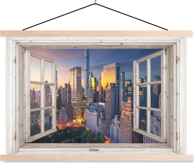 Produktbild von MuchoWow® Textilposter Ansicht - New York - Skyline 120x80 cm mit holzfarbenen Rahmen - Aufhängeset