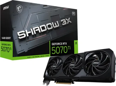 A product shot of a graphics card and its packaging.