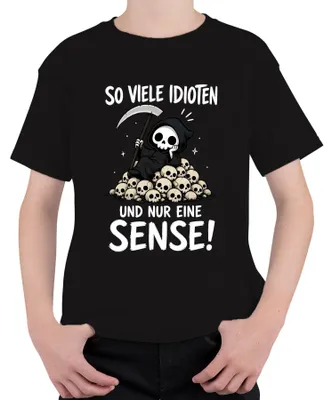 Immagine prodotto di T-shirt con scritta "Tanti idioti e solo una persona con senso", sarcasmo e ironia, taglia bambino, colore nero, taglia 152