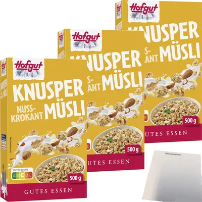 Produktbild von Hofgut Müsli Knusper Nuss Krokant 3er Pack (3x500g Packung) + usy Block