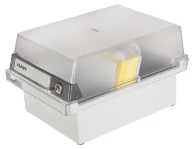 A white card file box with a transparent lid.