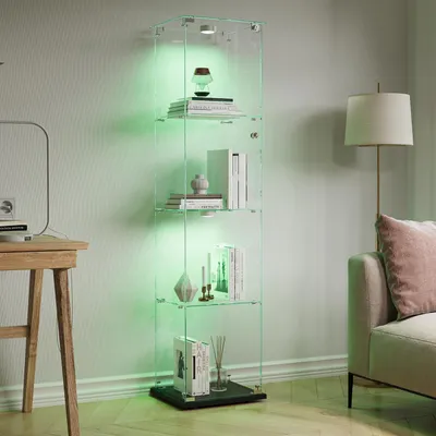 Obrázek produktu pro Skleněná vitrína s LED osvětlením, 4 skleněné police, uzamykatelná, černá barva