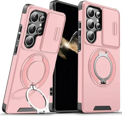 Obrázek produktu pro Dvouvrstvé pouzdro pro Samsung Galaxy S25 Ultra, s posuvným krytem fotoaparátu a magnetickým kroužkovým stojánkem Růžový