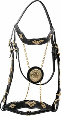 Produktbild von AMKA Portugiesische Trense Prunkzaum Barockzaum Barocktrense schwarz goldfarbener Beschlag in F/S