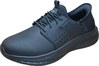 A black Skechers sneaker is shown against a white background.