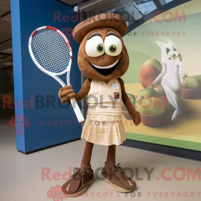 Produktbild von Maskottchen-Charakter REDBROKOLY eines braunen Tennisschlägers bekleidet mit einem Wickelkleid und Wickeltüchern