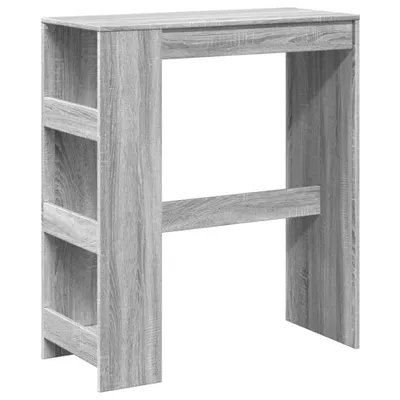 A gray wooden bar table with shelves on the left side, shown against a white background.