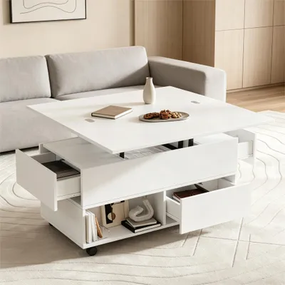 Produktbild von MODFU 3-in-1-Couchtisch,Wohnzimmertisch Höhenverstellbarer,Sofatisch mit Rollen und 4 Schubladen,Multifunktions Kaffeetisch,Weiß,100x50x52cm